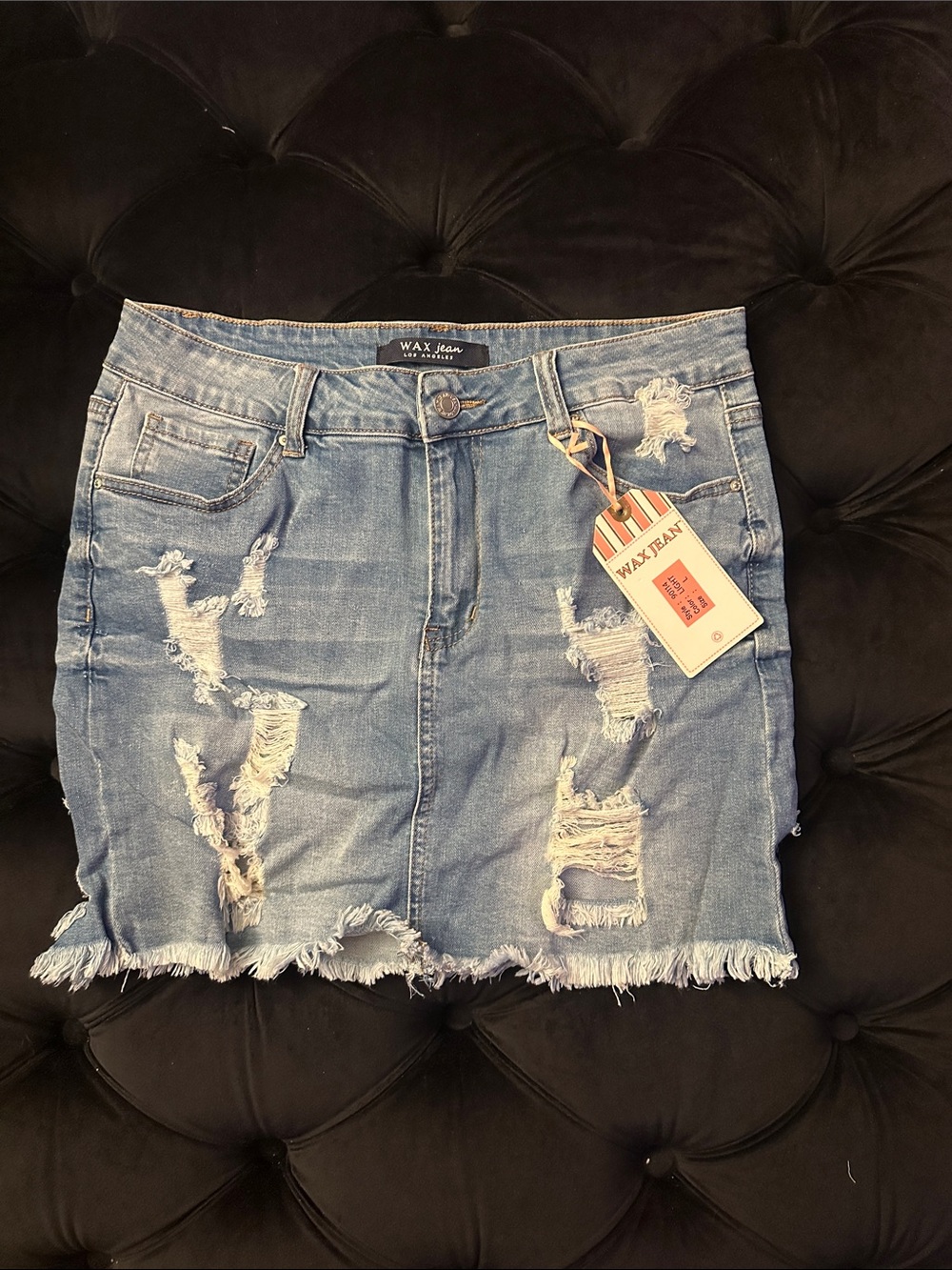 Wax Jean Light Blue Distressed Denim Mini Skirt with Frayed Hem